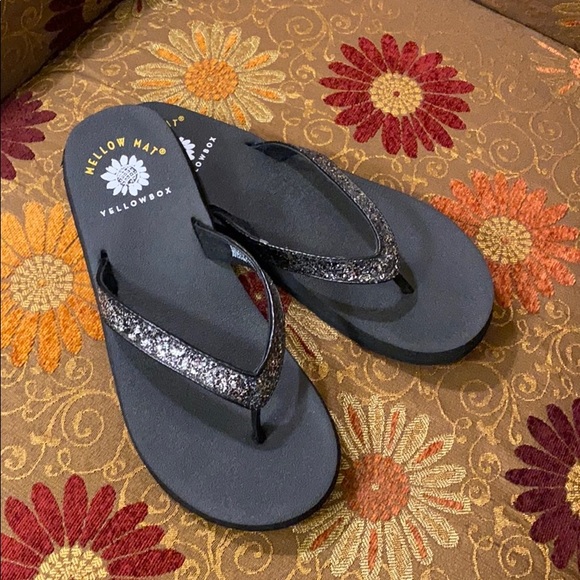 yellow box glitter flip flops